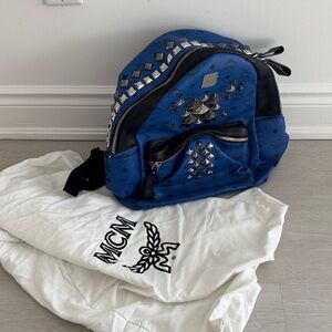 MCM Royal Blue Visetos Studded Backpack with Black Trim